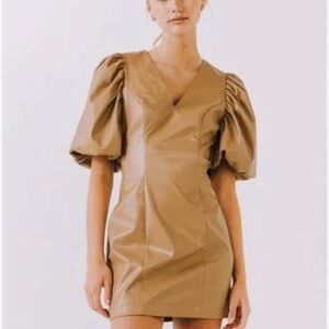 Endless rose faux leather size large Elegant Tan Puff Sleeve Dress